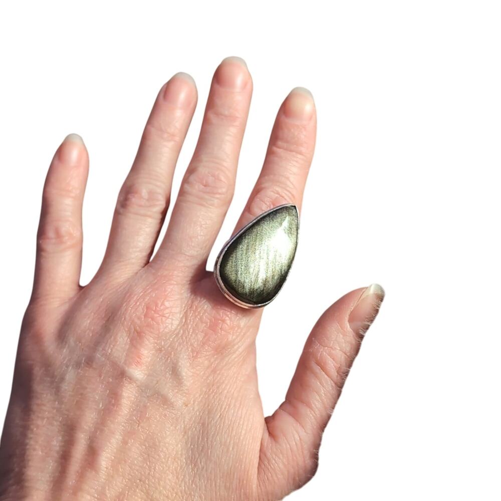 Silver Sheen Obsidian Lava Huge Teardrop Silver Ring 6.25